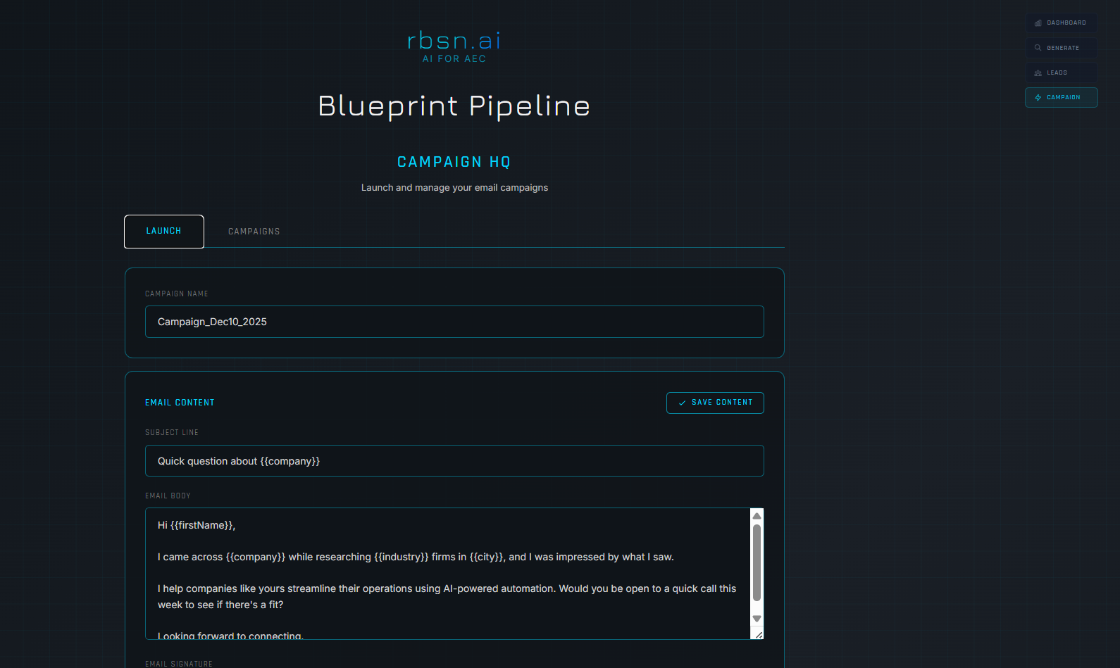 Campaign email composer with personalization merge tags